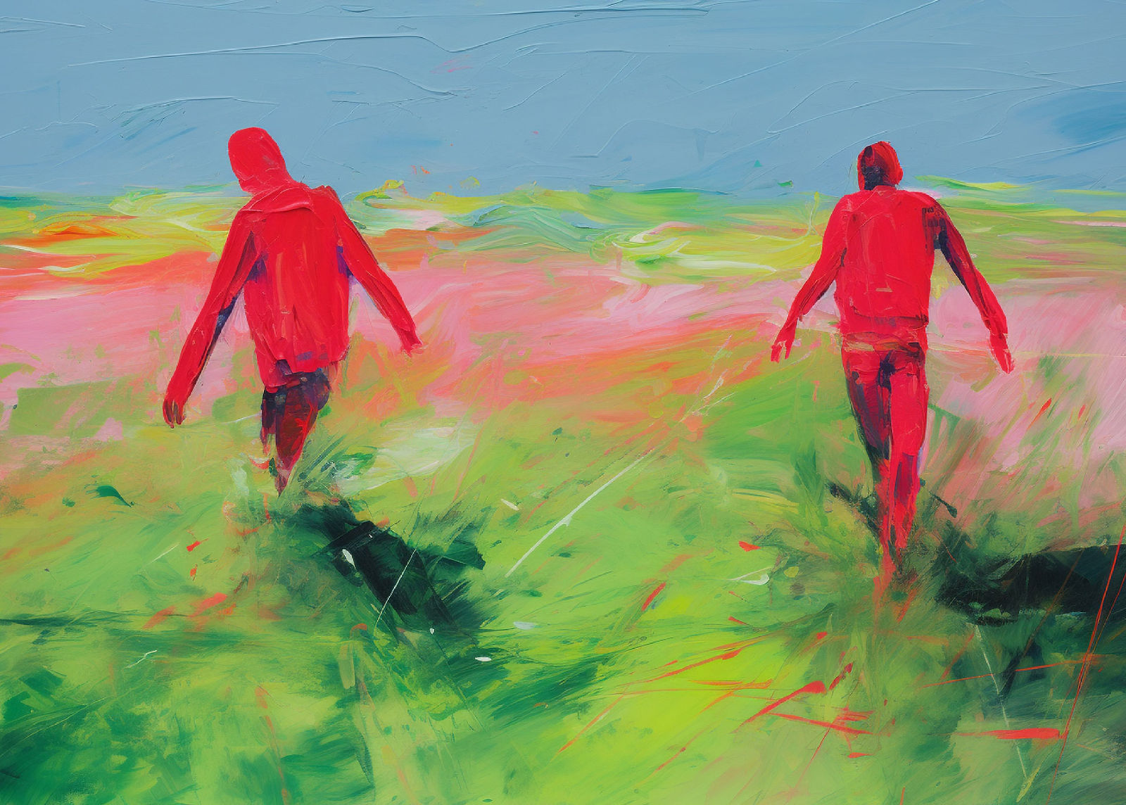 painting that shows two figures walking beside each other